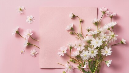 핑크빛 종이 위에 작은 들꽃들이 자연스럽게 흩어져 있다