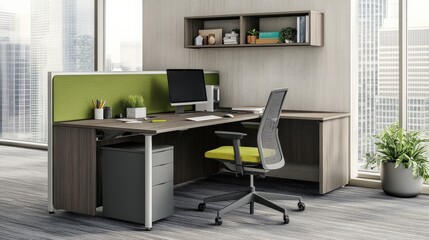 Modern office interior design with ergonomic chair and green accents in workspace