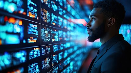 A Man Observing Complex Data Displayed on Multiple Screens