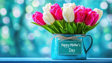 A bouquet of pink and white tulips in a rustic blue metal jug with a "Happy Mother's Day" sign, set against a soft bokeh background. Charming floral greeting with copy space.