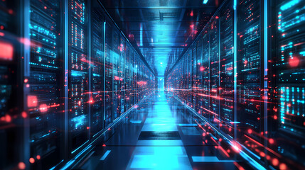 Network analytics visualized on glowing holographic servers in a data center. Holographic Street Market. Illustration