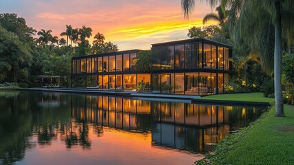 Luxury modern villa with glass walls, surrounded by lush greenery, sunset reflection on water, high-end real estate