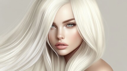 Naklejka premium Stunning Portrait of Woman with Long Silky White Hair and Blue Eyes