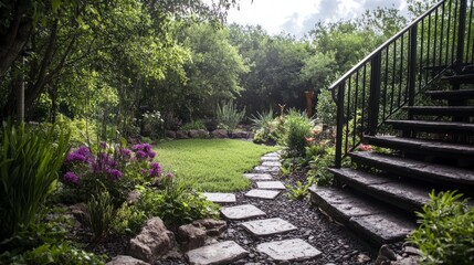 Serene Backyard Landscape  Stone Path  Lush Garden  Deck Steps