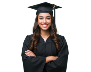 Beautiful smiling female university graduate with crossed arms