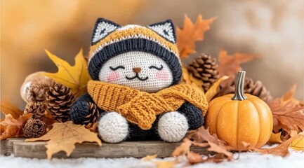 Adorable Knitted Cat Toy in Autumn Setting  Fall Leaves  Cozy  Pumpkin