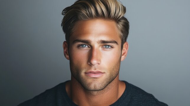 Young Man with Stylish Hair and Striking Blue Eyes in Portrait Style