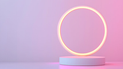 Obraz premium Dynamic floating circular light installation modern studio digital art minimalist eye-level innovative design