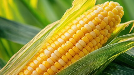 Fresh Corn on Cob Surrounded by Green Leaves in Natural Setting