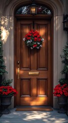 Ornate Wooden Front Door With Red Flower Wreath