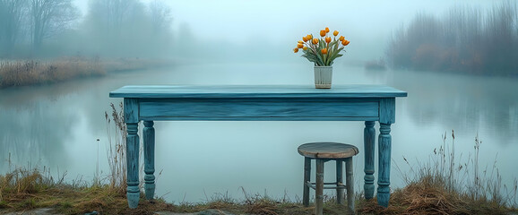 Rustic Blue Table With Flowers In Misty Landscape