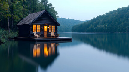 Fototapeta premium Lakeside cabin at dusk, tranquil scene, mountains in background; ideal for travel brochures