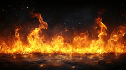 Dramatic fire flames on dark surface, background with sparks