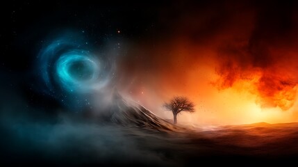 Obraz premium Surreal landscape depicting contrasting elements of fire and ice with a solitary tree in the foreground