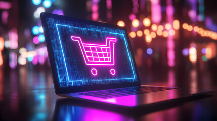 A digital laptop with a glowing holographic shopping cart symbol, representing e-commerce and online retail technology. Holographic Street Market. Illustration
