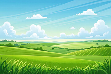 Obraz premium Lush green rolling hills under a bright blue sky with fluffy clouds.
