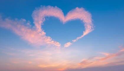 파스텔 톤의 하늘, 구름이 자연스럽게 하트 모양을 이루고 있으며 따뜻한 석양이 이를 부드럽게 물들이고 있다