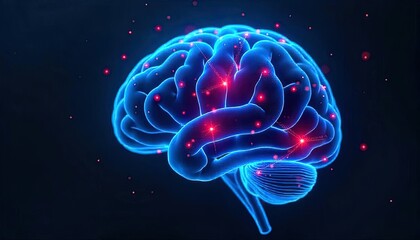 Obraz premium A glowing blue brain with red lights illustrating neural connections