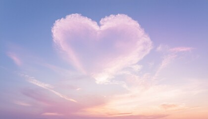파스텔 톤의 하늘, 구름이 자연스럽게 하트 모양을 이루고 있으며 따뜻한 석양이 이를 부드럽게 물들이고 있다