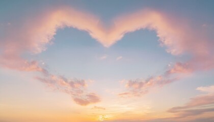 Fototapeta premium 파스텔 톤의 하늘, 구름이 자연스럽게 하트 모양을 이루고 있으며 따뜻한 석양이 이를 부드럽게 물들이고 있다