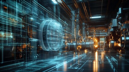 Futuristic Industrial Technology: A Digital Overlay on a Modern Factory