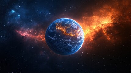 Earth in fiery space nebula