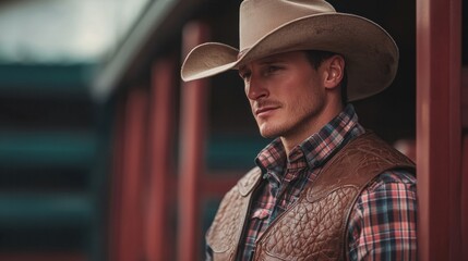 Handsome Cowboy in Brown Vest and Wide-Brimmed Hat Outdoors
