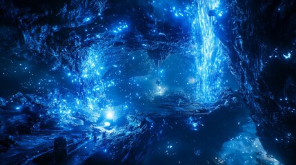 Fantastical Glowing Blue Cave with Ethereal Illumination