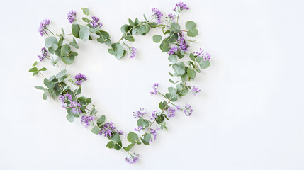 Eucalyptus heart-shaped wreath with pastel purple flowers on a white background