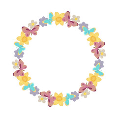 Circular frame of daffodils and butterflies on white background. Vector element of bright design for advertising, packaging design, greeting cards and clothing design.