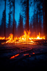 Naklejka premium Waldbrand lodert hell zwischen Bäumen in dunkler Atmosphäre
