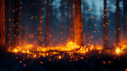 Fototapeta premium Waldbrand lodert hell zwischen Bäumen in dunkler Atmosphäre