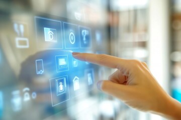 A hand is touching a responsive interface displaying various icons and options in a contemporary setting, showcasing advanced technology in use. Generative AI