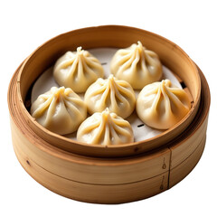 Chinese Dumplings in Bamboo Steamer on Transparent Background