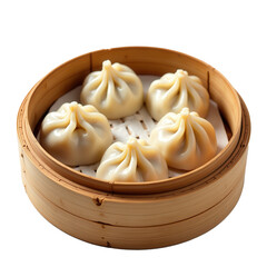 Chinese Dumplings in Bamboo Steamer on Transparent Background