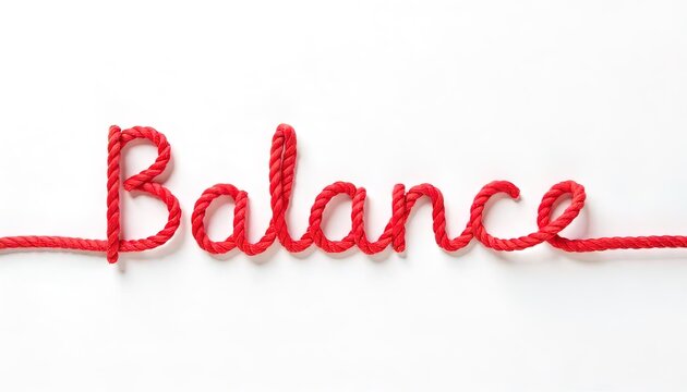A red rope spells out the word balance against a white backdrop