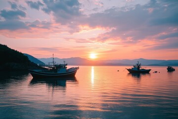 Naklejka premium A serene estuary sunset with glowing water reflecting pink and orange hues, and fishing boats anchored nearby,