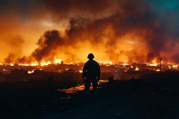 Against a dramatic backdrop of raging fires and thick smoke, a soldier stands vigil, surveying the destruction in a remote area during a nighttime operation. Generative AI