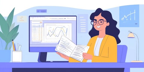 A smiling accountant seated at her desk, holding an open ledger while referencing a chart displayed on her desktop monitor, with the workspace organized to convey precision and trustworthiness