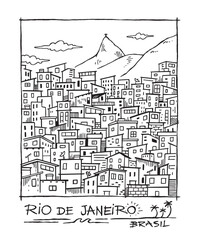 Hand-drawn drawing of a favela in the city of Rio de Janeiro, Brazil. Art in light and casual lines. The exotic atmosphere of the city for prints, decoration and other uses.