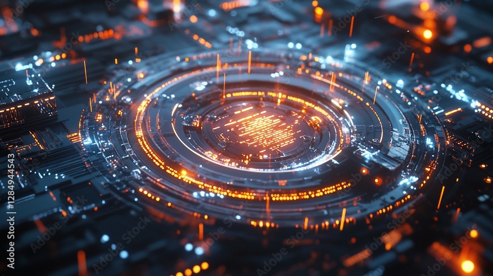 Poster abstract technology background with a glowing circular center and intricate patterns