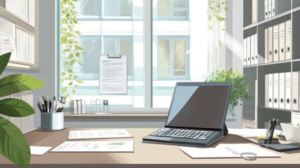 Fototapeta premium A tidy accountant's desk with organized records, a calculator, and a laptop, surrounded by a clean and modern office environment,