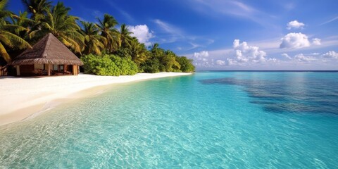 A tropical island with pristine white sands, surrounded by coral reefs visible beneath crystal-clear waters,