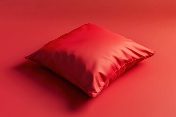 A vibrant red square pillow lays on a matching background