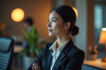 Woman is wearing black suit and white shirt