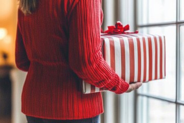 A person wearing a red sweater holds a beautifully wrapped gift with red and white stripes,...