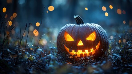 Fototapeta premium Glowing Jack-o'-Lantern in Dark Forest with Magical Bokeh Lights