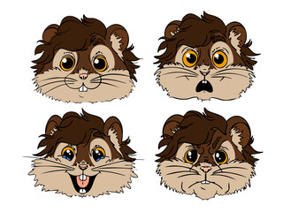 Vector set of different emotions for hamster. Cute brown and beige hamster face calm, smiling, surprised, angry.