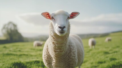 Fototapeta premium A close-up of a curious sheep in a lush green pasture, with a clear blue sky in the background. The sheep's unique features and friendly demeanor create a charming rural scene.