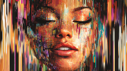 Exploring the unique aesthetics of pixelated glitch art in modern face recognition technology. Glitch Aesthetic Portrait. Illustration
